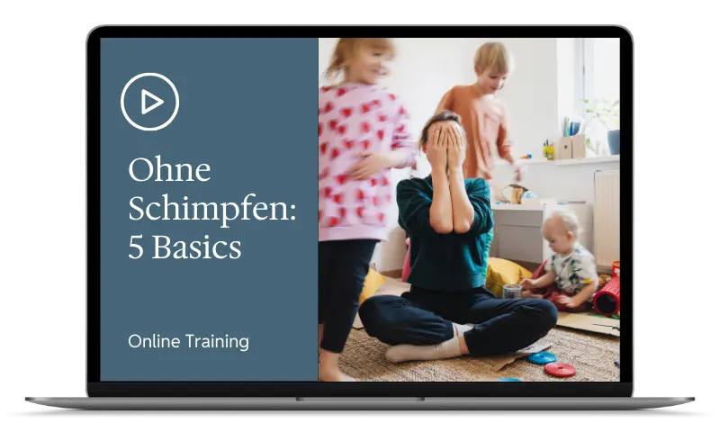 Laptop mit mein gratis Angebot auf dem Screen: Ohne Schimpfen 5 Basics Online Training für 0€.