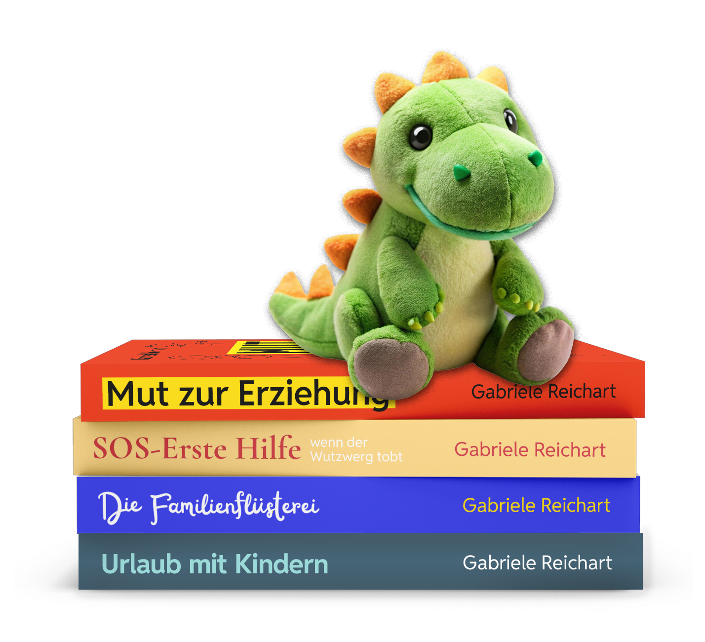 Ein Plüschdino sitzt auf den Büchern "Mut zur Erziehung", "SOS - Erste Hilfe", "Die Familienflüsterei" und "Urlaub mit Kindern" von Gabriele Reichart von Die Eltern Akademie.