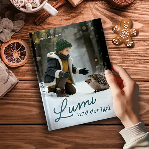 Eine Hand hält die gebundene Wintergeschichte von "Lumi und der kleine Igel" im Zuge eines gemütlichen Advents mit dem Adventskalender für Eltern und Kind und 24 liebevolle Minibits für weniger Stress & mehr Gemütlichkeit.