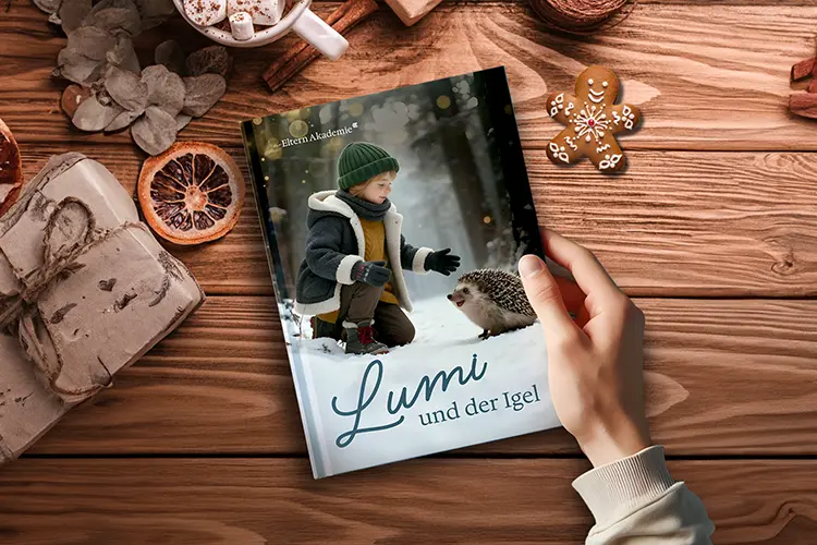 Eine Hand hält die gebundene Wintergeschichte von "Lumi und der kleine Igel" im Zuge eines gemütlichen Advents mit dem Adventskalender für Eltern und Kind und 24 liebevolle Minibits für weniger Stress & mehr Gemütlichkeit.