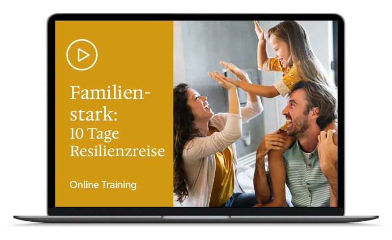 Laptop mit meinem Selbstlernkurs auf dem Screen: Familienstark: 10 Tage Resilienzreise Online Training.