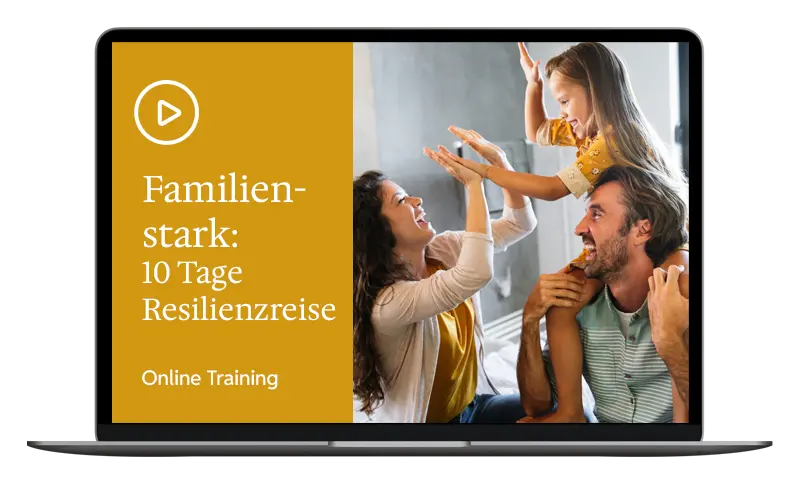 Laptop mit meinem Selbstlernkurs auf dem Screen: Familienstark: 10 Tage Resilienzreise Online Training.